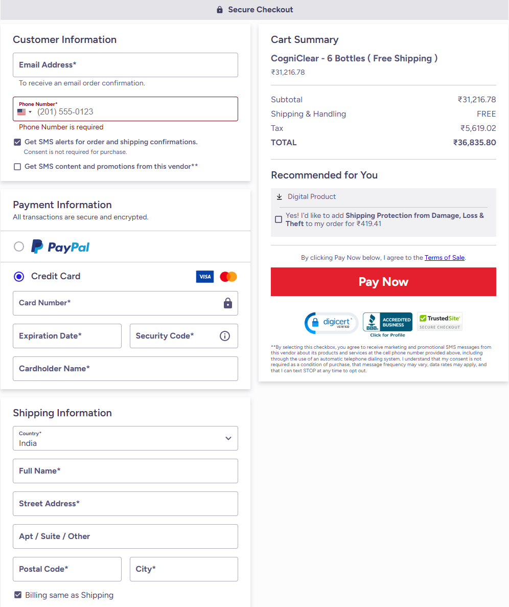 CogniClear checkout screenshot